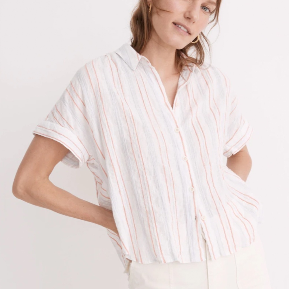 Madewell Courier Button-Back Shirt in Textural Striped Short Sleeve Shirt